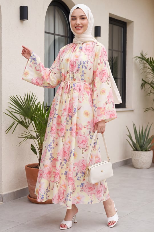 Womens Mandarin-Collar Belted Patterned Poly-Viscose Dress - Pink