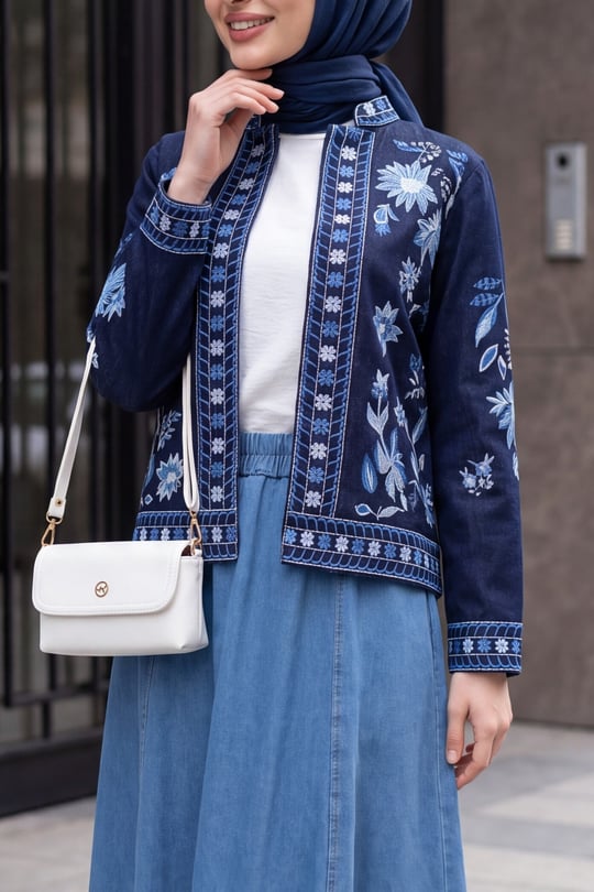 Womens Mandarin-Collar Embroidered Denim Jacket - Dark Navy