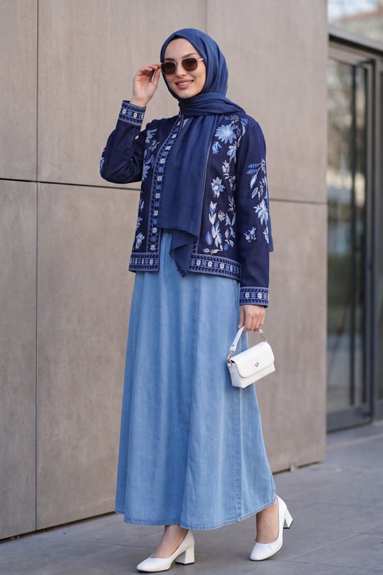 Womens Mandarin-Collar Embroidered Denim Jacket - Dark Navy