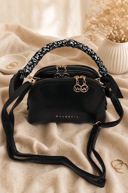 Womens Two Compartment Scarf Detail Strappy Bag - Black