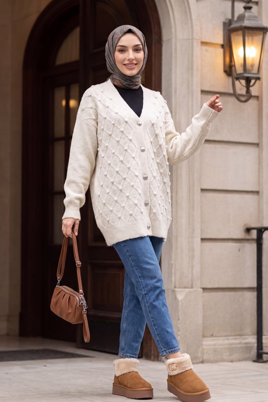 Womens Textured Pom-Pom Detail Button-Front Knit Cardigan - Stone