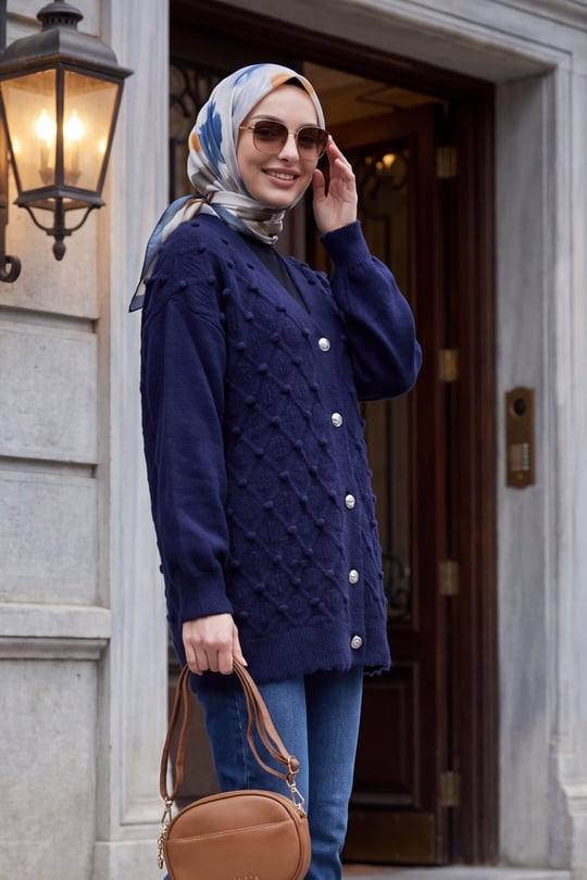 Womens Textured Pom-Pom Detail Button-Front Knit Cardigan - Navy