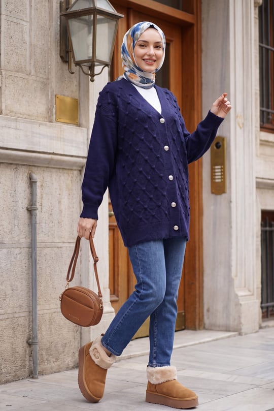 Womens Textured Pom-Pom Detail Button-Front Knit Cardigan - Navy