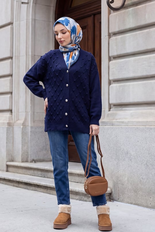 Womens Textured Pom-Pom Detail Button-Front Knit Cardigan - Navy