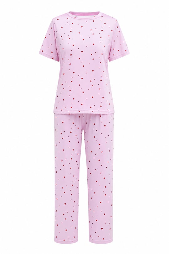 Kalp Desenli Bisiklet Yaka Kısa Kol Penye Pijama Takımı -Pembe