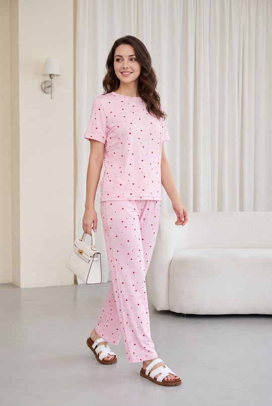 Kalp Desenli Bisiklet Yaka Kısa Kol Penye Pijama Takımı -Pembe