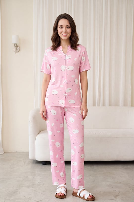 Karışık Figür Desenli  V Yaka Önü Fiyonklu Kısa Kol Penye Pijama Takımı -Pembe