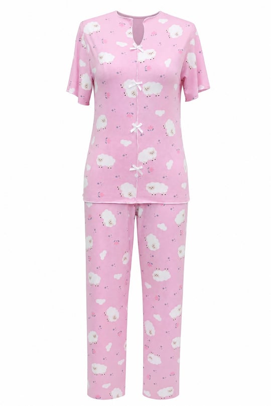 Karışık Figür Desenli  V Yaka Önü Fiyonklu Kısa Kol Penye Pijama Takımı -Pembe