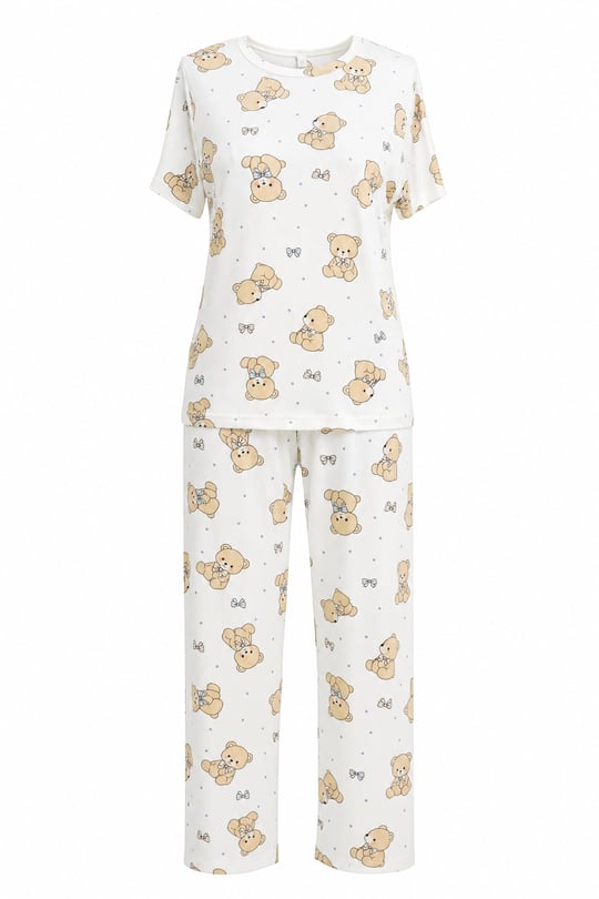 Karışık Figür Desenli Bisiklet Yaka Kısa Kol Penye Pijama Takımı -Beyaz