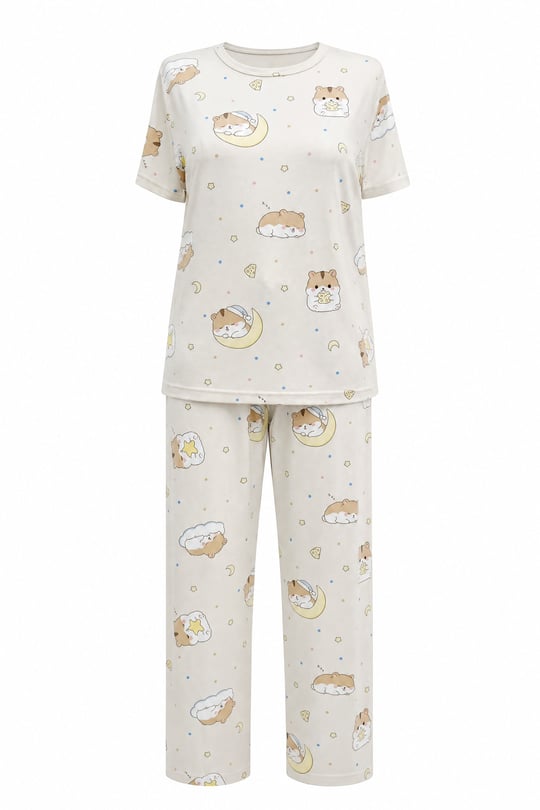 Karışık Figür Desenli Bisiklet Yaka Kısa Kol Penye Pijama Takımı -Krem