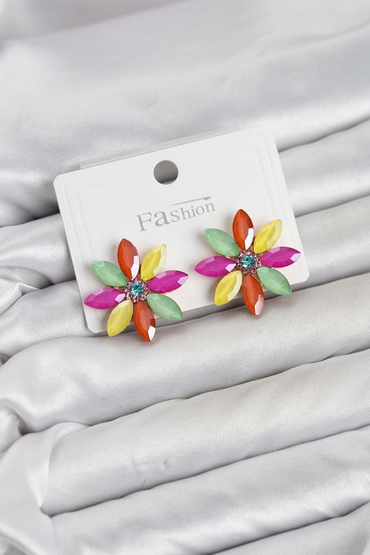 Karışık Renk Kristal Taşlı Lotus Çiçek Model Kadın Küpe