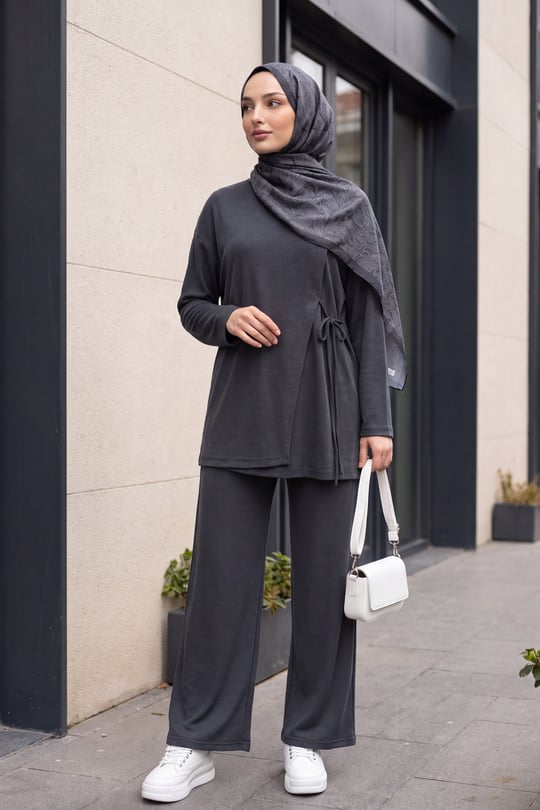 Kat Ve Bağcık Detaylı Pantolonlu Modal Pike Takım  -Antrasit