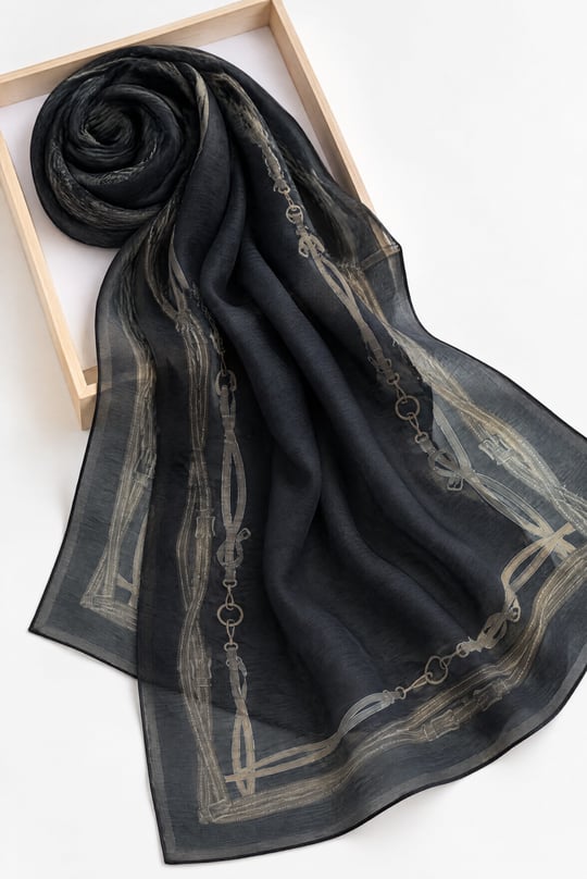 Womens Belt Patterned Silk Shawl - Dark Navy