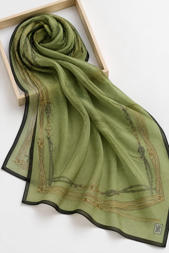 Womens Belt Patterned Silk Shawl - Olive Green