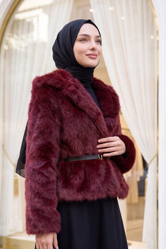 Kemerli Astarlı Cift Cepli Kürk Kaban -Bordo