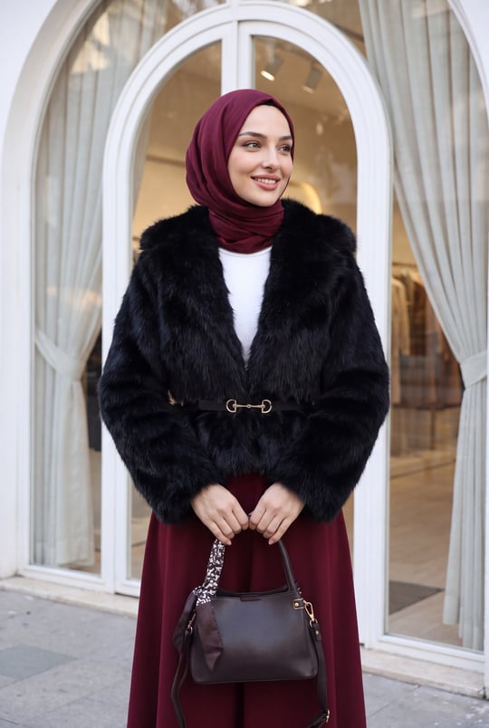 Kemerli Astarlı Cift Cepli Kürk Kaban -Siyah