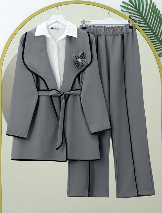 Womens Belted Piped Pants Set - Charcoal