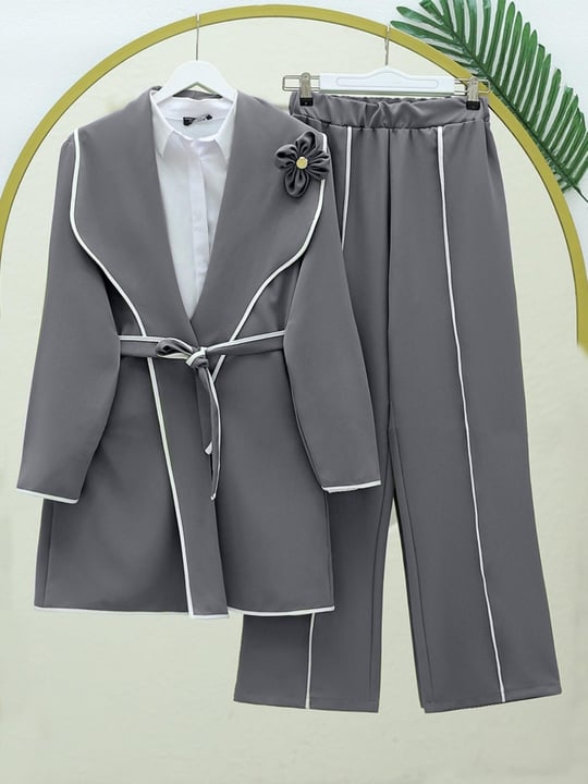 Womens Belted Piped Pants Set - Charcoal