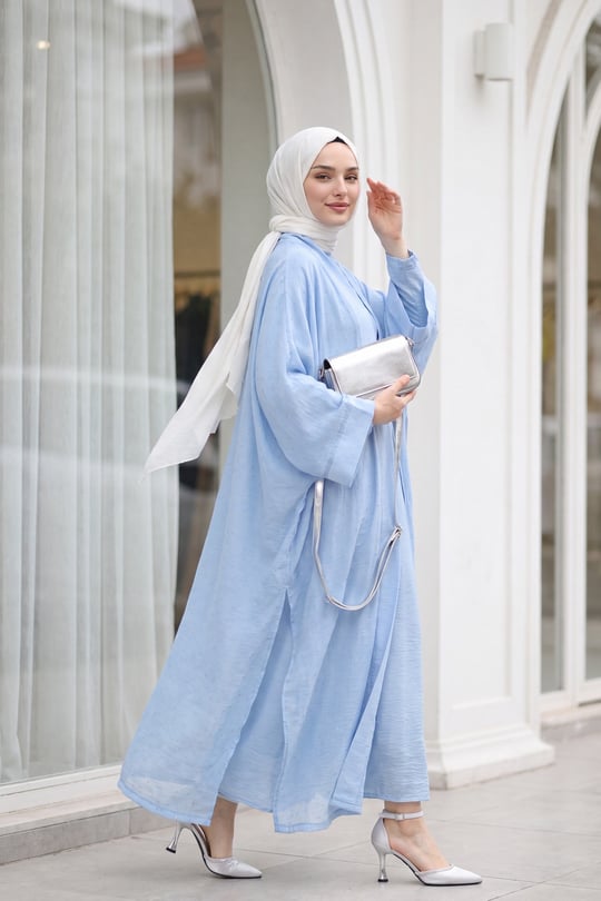Kemerli İçlikli Taş Detaylı Astarlı Flam Tül Abaya Takım -Bebe Mavi