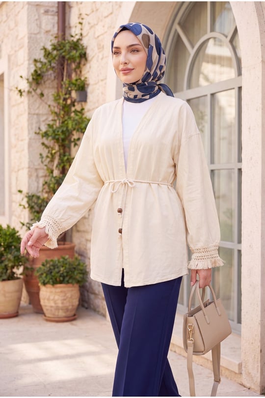 Womens Sleeves Fringed Belted-Waist Linen Kimono - Cream