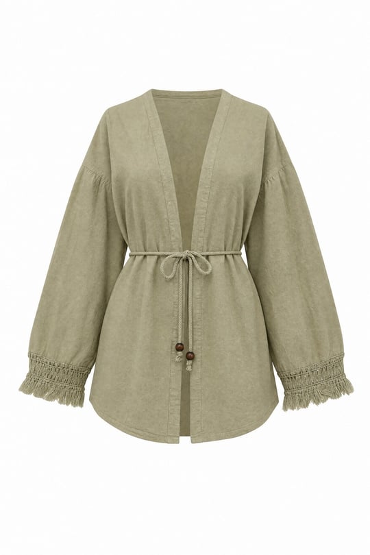 Kolları Püsküllü Beli Kemerli Keten Kimono  -Vizon