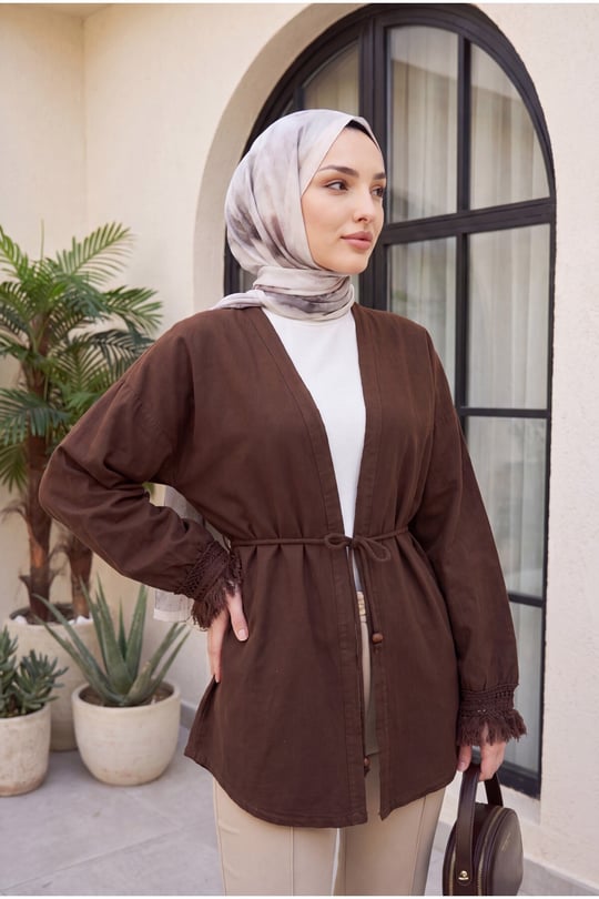Womens Sleeves Fringed Belted-Waist Linen Kimono - Brown