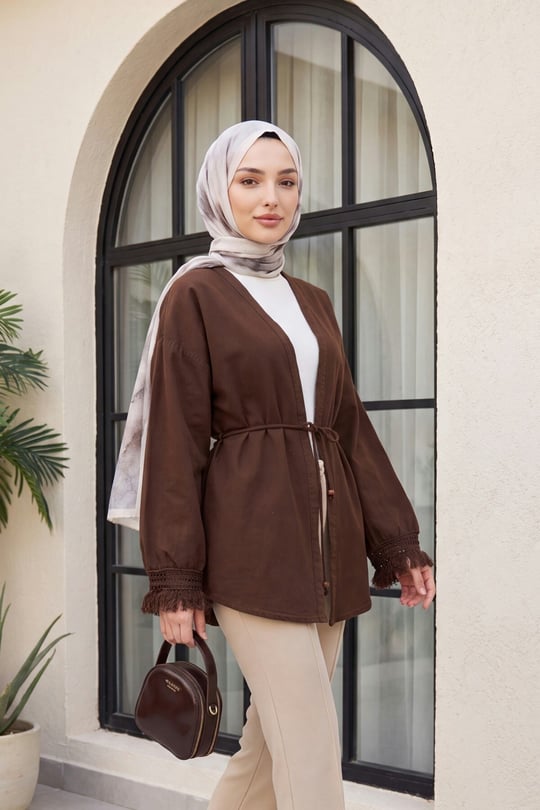 Womens Sleeves Fringed Belted-Waist Linen Kimono - Brown