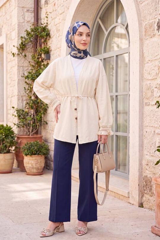 Womens Sleeves Fringed Belted-Waist Linen Kimono - Cream