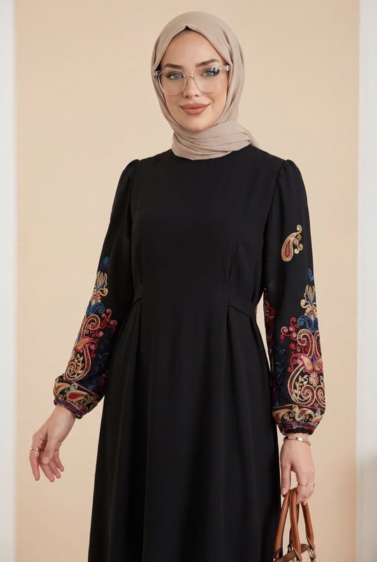 Kolu İşleme Tüllü Bağcıklı Kalem Elbise  -Fuşya