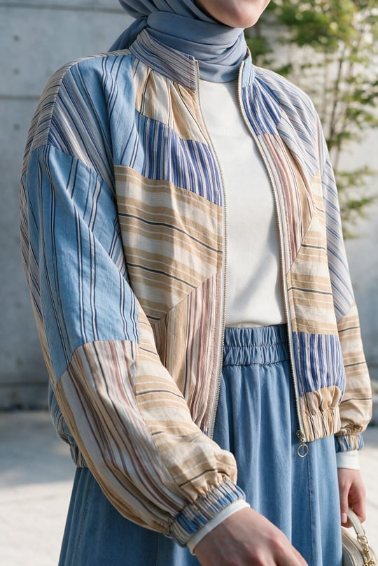 Womens Sleeve and Elastic-Waist Pocket Zip-Up Patterned Summer Jacket -Light Blue