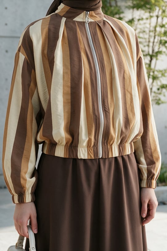 Womens Sleeve and Elastic-Waist Pocket Zip-Up Patterned Summer Jacket -Brown