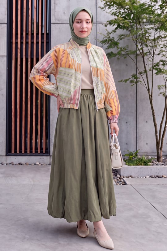 Womens Sleeve and Elastic-Waist Pocket Zip-Up Patterned Summer Jacket -Light Green
