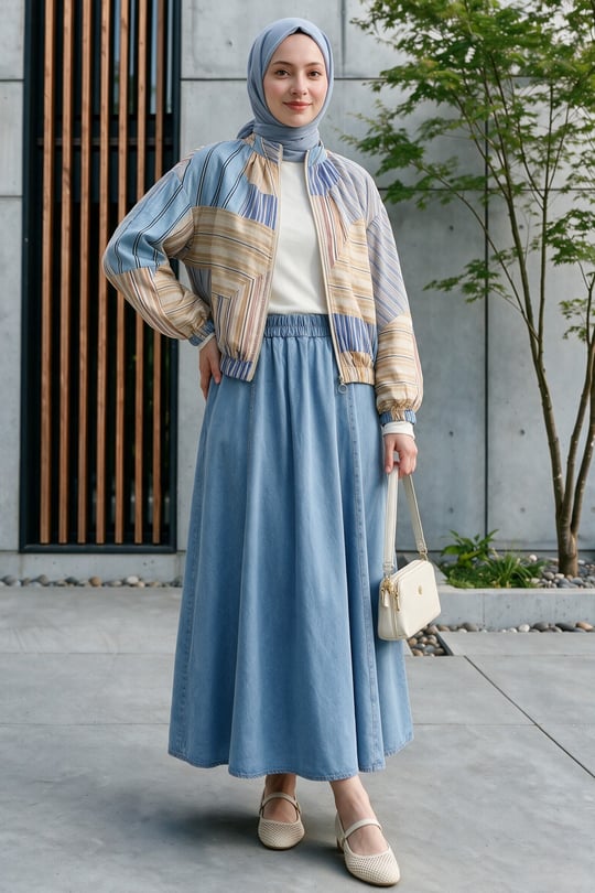 Womens Sleeve and Elastic-Waist Pocket Zip-Up Patterned Summer Jacket -Light Blue