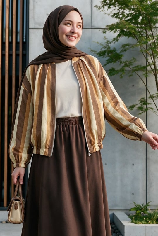 Womens Sleeve and Elastic-Waist Pocket Zip-Up Patterned Summer Jacket -Brown