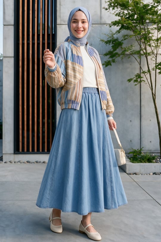Womens Sleeve and Elastic-Waist Pocket Zip-Up Patterned Summer Jacket -Light Blue