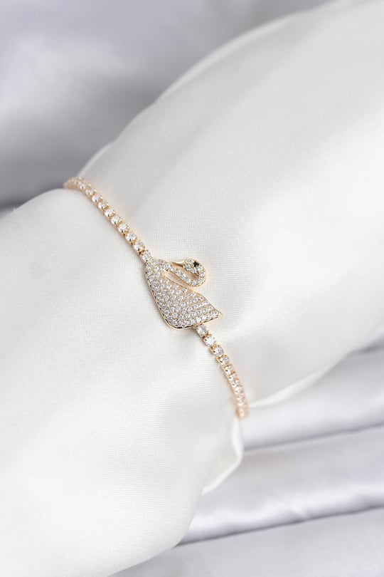 Kuğu Model Zirkon Taşlı Gold Renk Asansörlü Su Yolu Bileklik