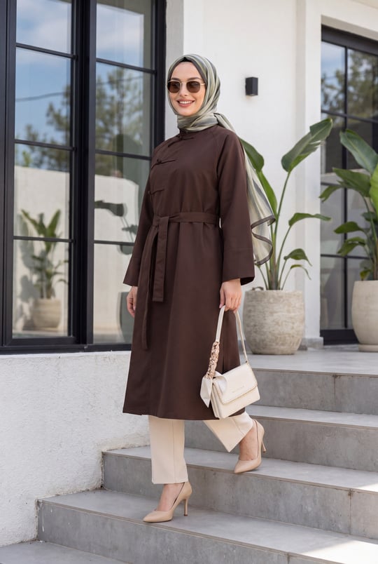 Womens Frog Closure Slit Belted Trench Coat - Brown