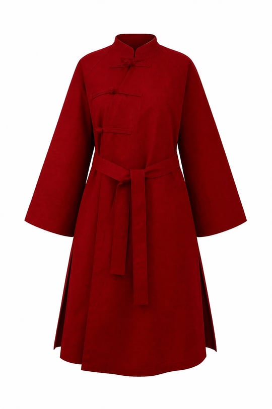 Womens Frog Closure Slit Belted Trench Coat - Red