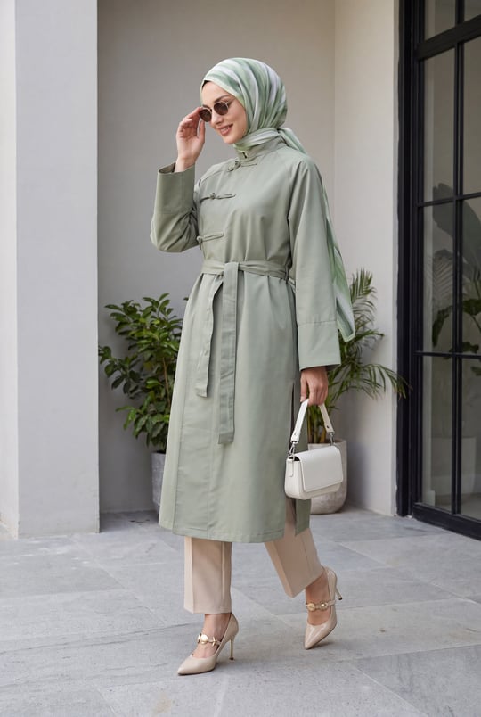 Womens Frog Closure Slit Belted Trench Coat - Almond Green