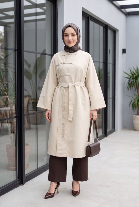 Womens Frog Closure Slit Belted Trench Coat - Beige