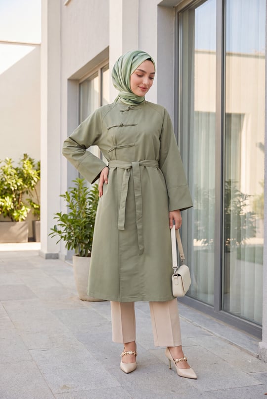 Womens Frog Closure Slit Belted Trench Coat - Almond Green
