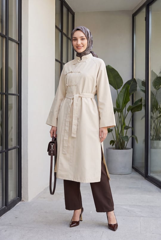 Womens Frog Closure Slit Belted Trench Coat - Beige