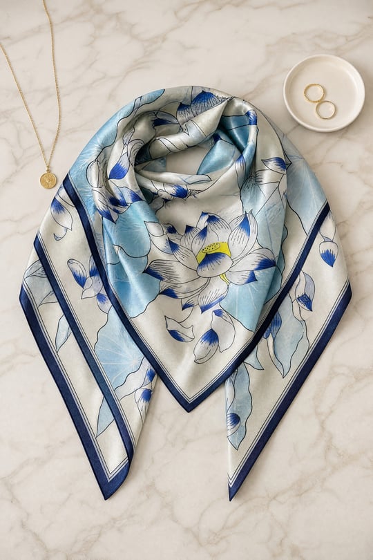 Womens Lotus Flower Patterned Soft Scarf - Navy