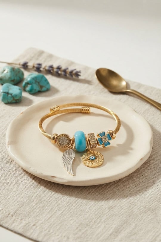Mavi Renk Göz Model Gold Charmlı Bileklik