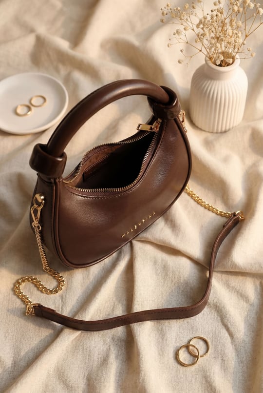 Modern Tasarım Boğumlu Saplı Askılı Mini Hobo Çanta -Koyu Kahverengi
