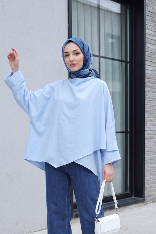 Omuzu Düğmeli Yarasa Kol Modal Kimono Panço -Bebe Mavi