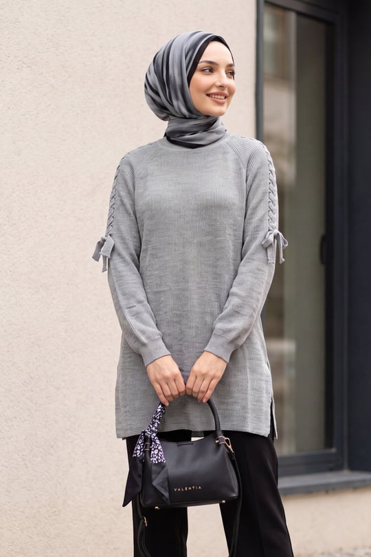 Omuzu Saç Örgülü Salaş Triko Tunik  -Gri