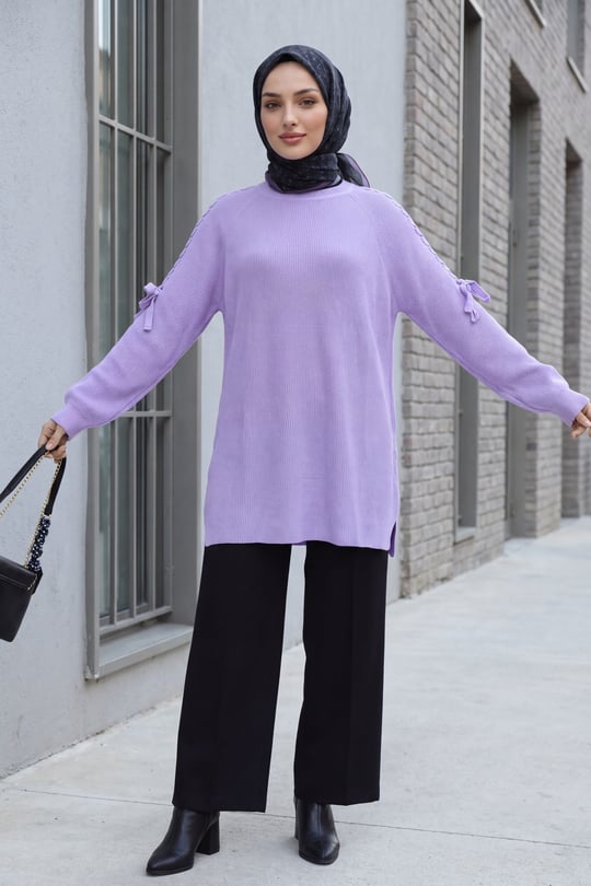 Omuzu Saç Örgülü Salaş Triko Tunik  -Lila