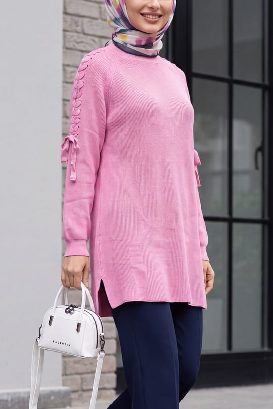 Omuzu Saç Örgülü Salaş Triko Tunik  -Pembe