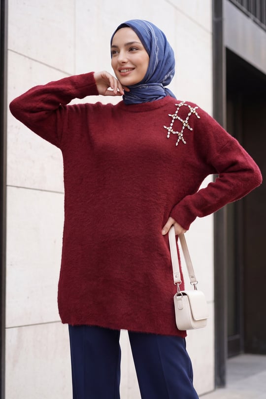 Omuzu Taş Detaylı Yumoş Triko Tunik -Bordo